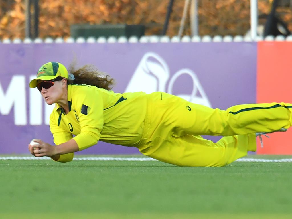 Hannah Darlington of Australia catches out Sneh Rana of India during game three of the Women's One Day International series between Australia and India at Great Barrier Reef Arena on September 26, 2021 in Mackay, Australia. Picture: Albert Perez