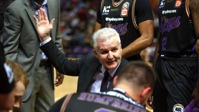Coach of the Kings, Andrew Gaze instructs his players during the round 9 NBL match between the Sydney Kings and Brisbane Bullets at Qudos Bank Arena, Sydney, Saturday, December 9, 2017. (AAP Image/Jeremy Ng) NO ARCHIVING, EDITORIAL USE ONLY