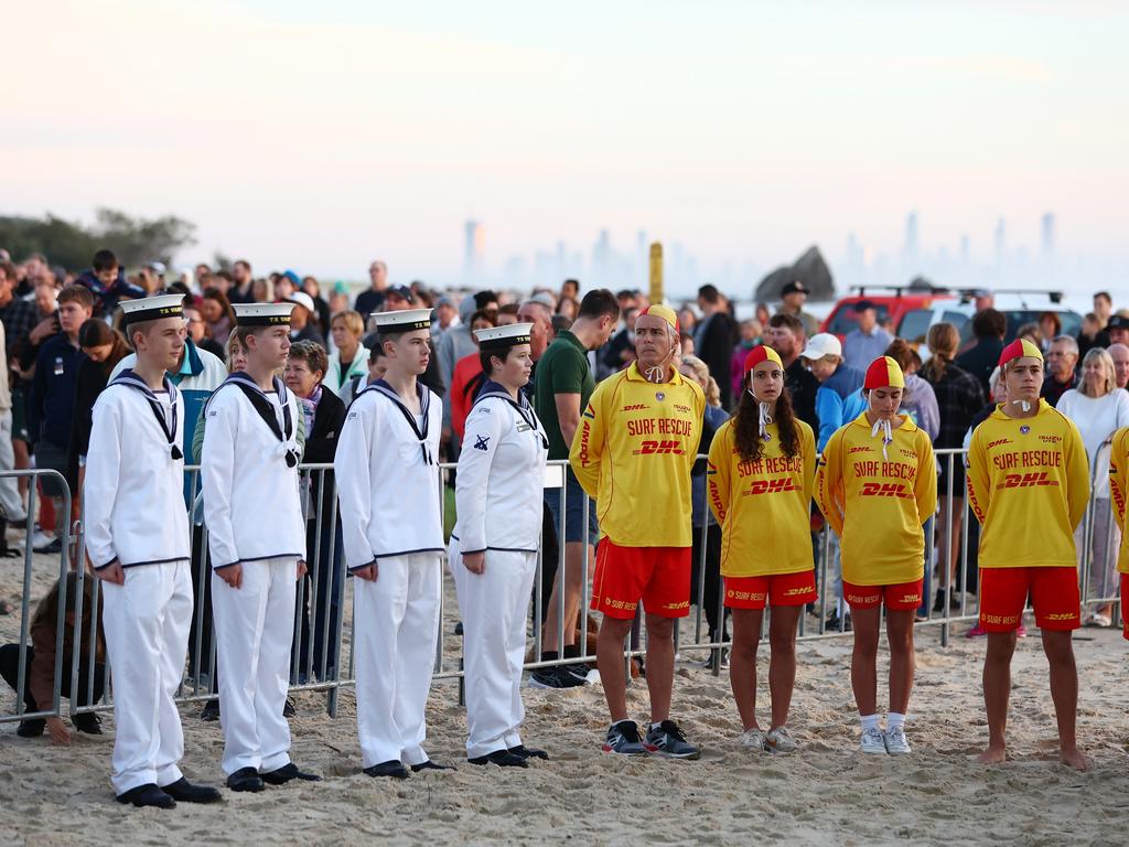 Service personnel and Surf Life Saving take part in the ANZAC dawn service on April 25, 2024 in Currumbin, Australia. (Photo by Chris Hyde/Getty Images)