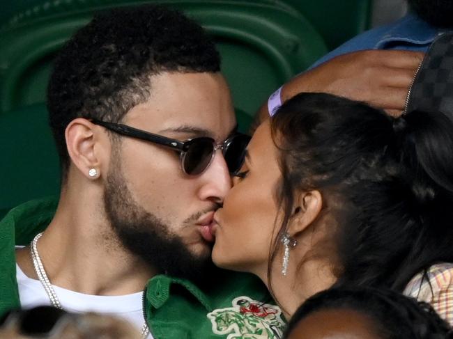 LONDON, ENGLAND - JULY 05: Ben Simmons and Maya Jama attend Wimbledon Championships Tennis Tournament at All England Lawn Tennis and Croquet Club on July 05, 2021 in London, England. (Photo by Karwai Tang/WireImage)