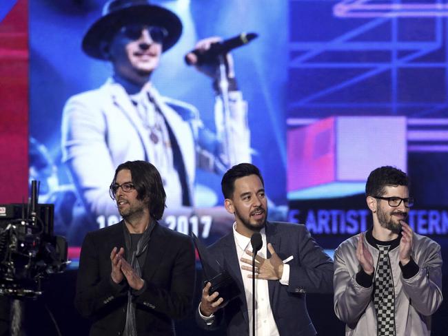 Rob Bourdon, Mike Shinoda, and Brad Delson of Linkin Park accept the award for Favorite Artist Alternative Rock during the 2017 American Music Awards at Microsoft Theater on November 19, 2017 in Los Angeles, California. Picture: AP