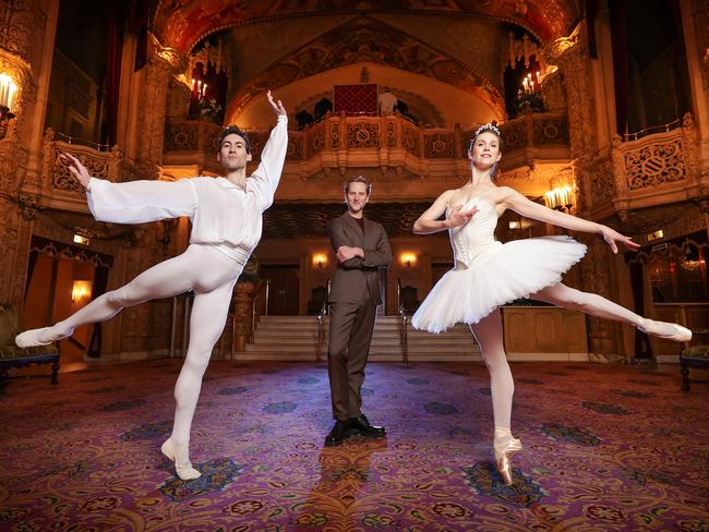 EMBARGOED IMAGE. CHECK WITH HS PIC DESK. Artistic Director David Hallberg and principal artists Brett Chynoweth and Sharni Spencer in costumes from Etudes, a work to be featured in the 2024 season. The Australian Ballet is relocating to the Regent Theatre while the Art centre is being renovated.                     Picture: David Caird