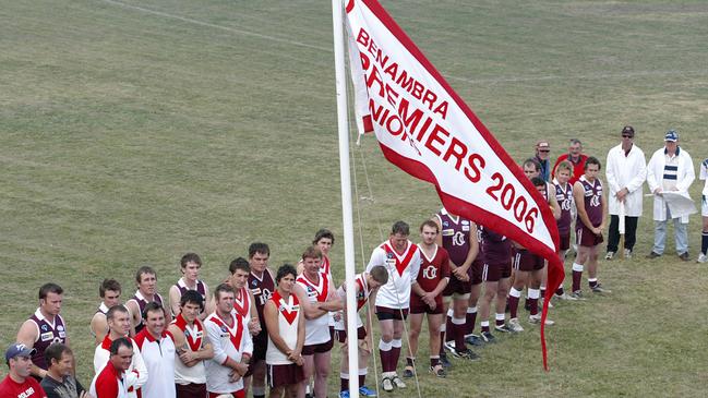 The Benambra 2006 premiership flag is unveiled before the first game played by Omeo-Benambra after an off-season merger.