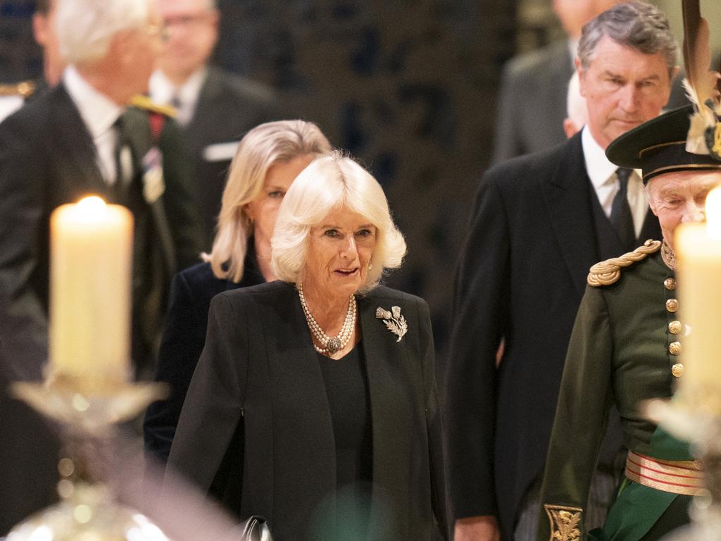 Camilla, Queen Consort arrives for the evening a vigil at St Giles' Cathedral. Picture: Barlow - WPA Pool/Getty Images