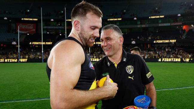 Noah Balta and Adem Yze after last weekend’s win over the Gold Coast Suns. (Photo by Michael Willson/AFL Photos via Getty Images)