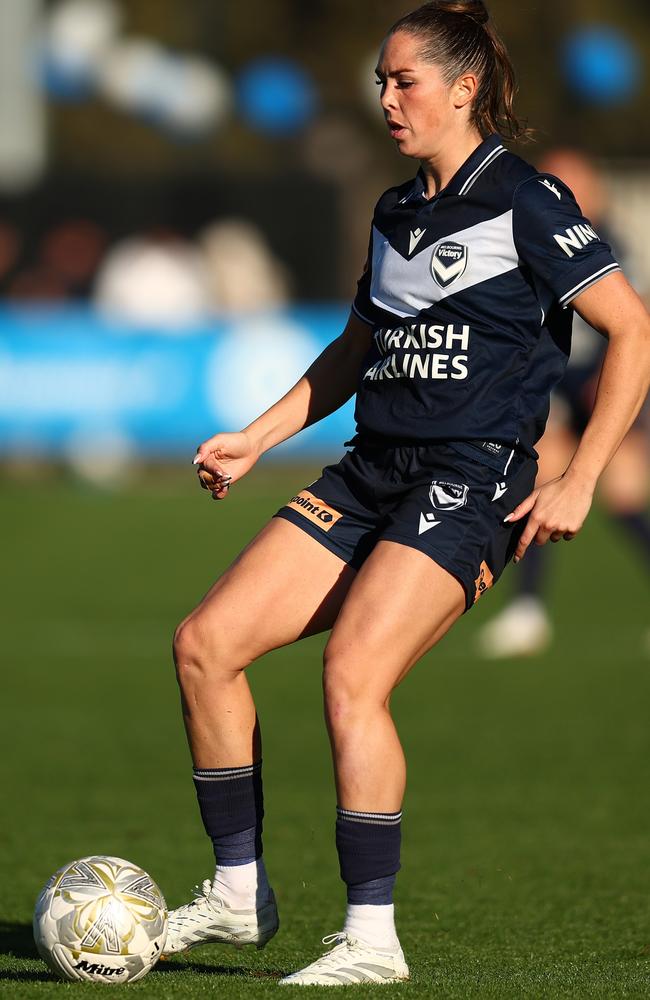 Wilson with the ball at her feet during the Second Leg of the A-League Women's Semi Final against Adelaide United. Picture: Graham Denholm/Getty Images