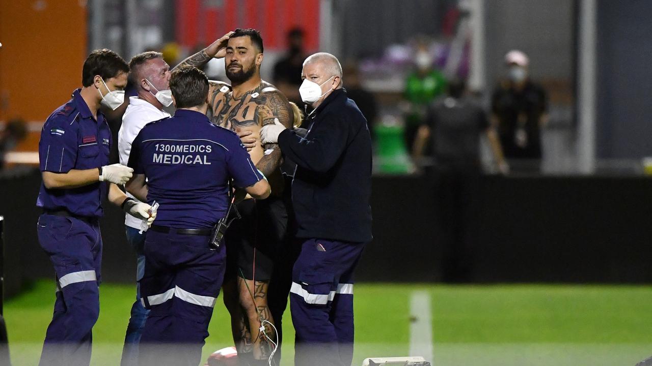 Medical staff tend to Andrew Fifita after Cronulla’s game against Newcastle. Picture: AAP Image/Darren England