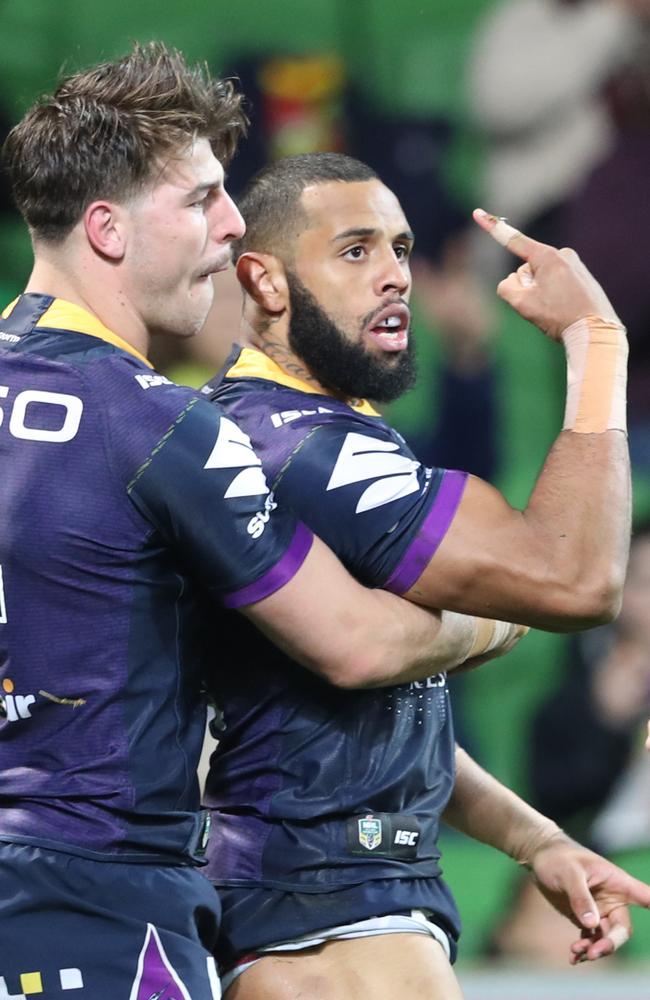 Josh Addo-Carr after scoring a try during against the Canberra Raiders. (AAP Image/David Crosling)