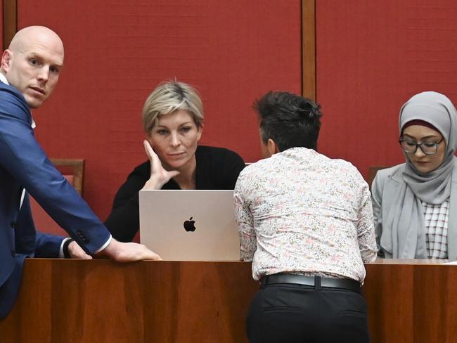 CANBERRA, Australia - NewsWire Photos - June 25, 2024: Senator Mehreen Faruqi during a motion to have the Senate recognise Palestine as a state at Parliament House in Canberra. With Senator David Pocock and his Chief of Staff Fiona Scott  Picture: NewsWire / Martin Ollman