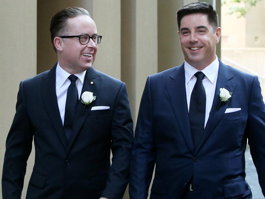 Qantas CEO Alan Joyce and partner Shane Lloyd are seen on their way to their wedding ceremony. Picture: Getty Images