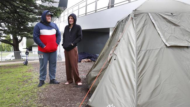 Long term homeless couple Neil and Chloe who are sleeping rough in Hobart. Picture: Nikki Davis-Jones