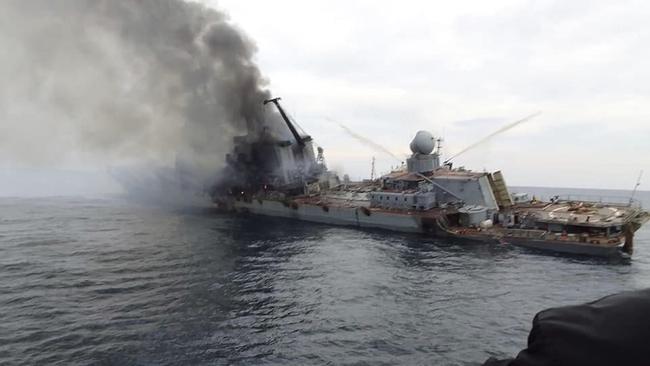 The first image of the Moskva, the flagship of the Russian Navy's Black Sea Fleet, after the vessel was hit by at least one Ukrainian anti-ship missile.