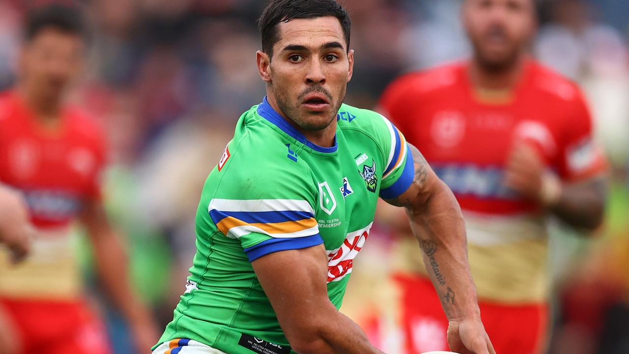 WAGGA WAGGA, AUSTRALIA - APRIL 29: Jamal Fogarty of the Raiders in action during the round nine NRL match between the Canberra Raiders and Dolphins at McDonalds Park on April 29, 2023 in Wagga Wagga, Australia. (Photo by Mark Nolan/Getty Images)