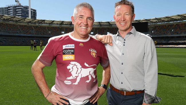 Lions coach Chris Fagan and David Noble at the Gabba. Pic Annette Dew