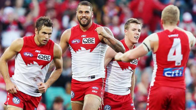 SYDNEY, AUSTRALIA - JUNE 14: Lance Franklin of the Swans celebrates a goal during the round 13 AFL match between the Sydney Swans and the Port Adelaide Power at Sydney Cricket Ground on June 14, 2014 in Sydney, Australia. (Photo by Matt King/Getty Images)