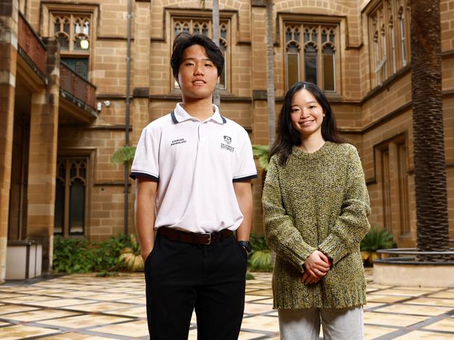 DAILY TELEGRAPH NOVEMBER 11, 2024. University of Sydney International students Hazel Fu and Marco Yim on campus in Camperdown. Hazel Fu is from China and studying to be a dietician and Marco Yim from Hong Kong who is studying exercise physiology and works at a residential aged care facility in Leichhardt while heÃ¢â¬â¢s earning his degree, and would love to stay on in Australia once qualified. Picture: Jonathan Ng