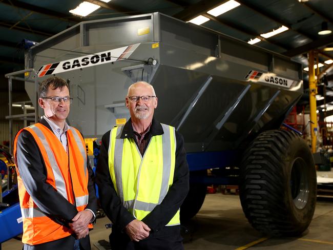 Gason managing director Wayne Gason (left) and Ararat mayor Peter Beales. Gason is hiring 15 new welders and line managers as it expands its business. Picture: Andy Rogers