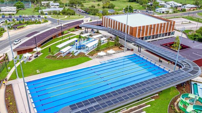 Aerial view of the Gympie Aquatic Recreation Centre (ARC) with solar panels visible from the roofs. Picture: Contributed