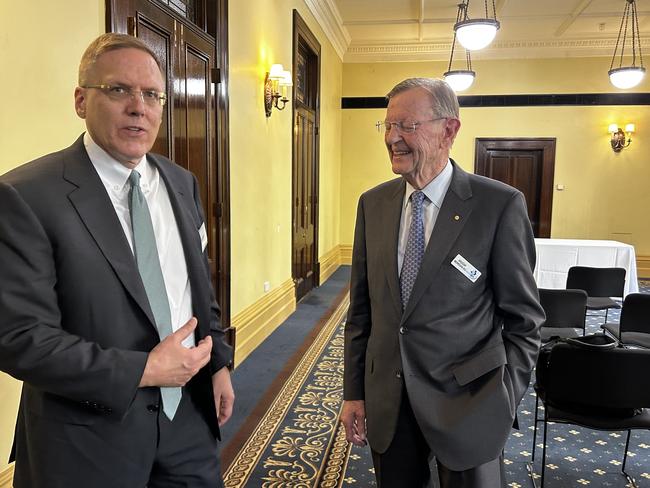 Aloca CEO Bill Oplinger meets former WMC boss Hugh Morgan in Melbourne on Thursday.