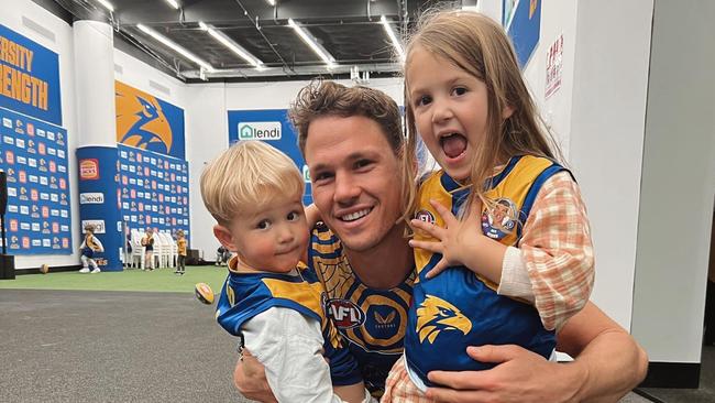 Now retired West Coast Eagles player Jack Redden with his children Eddie and Isabel. Redden is ready to compete for a GSFL flag at Willunga. Picture: @aymeeredden