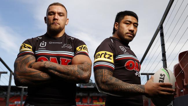 Penrith Panthers props James Fisher-Harris and Moses Leota at Bluebet Stadium. Picture: Jonathan Ng