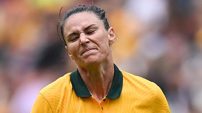 BRISBANE, AUSTRALIA - SEPTEMBER 03: Emily Gielnik of Australia reacts after a failed attempt on goal during the International Women's Friendly match between the Australia Matildas and Canada at Suncorp Stadium on September 03, 2022 in Brisbane, Australia. (Photo by Albert Perez/Getty Images)