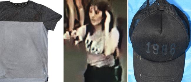 A T-shirt and cap found at the scene, along with a CCTV image of what Aiia Maasarwe was wearing on the night. Picture: AAP Image/Victoria Police