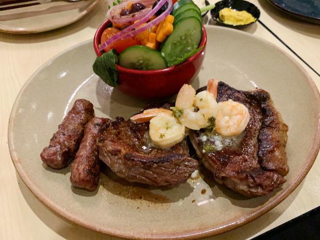 Rump steak, turned to reef and beef, with complementary chevapchichi and green salad at the Barbeque Inn, Glenelg