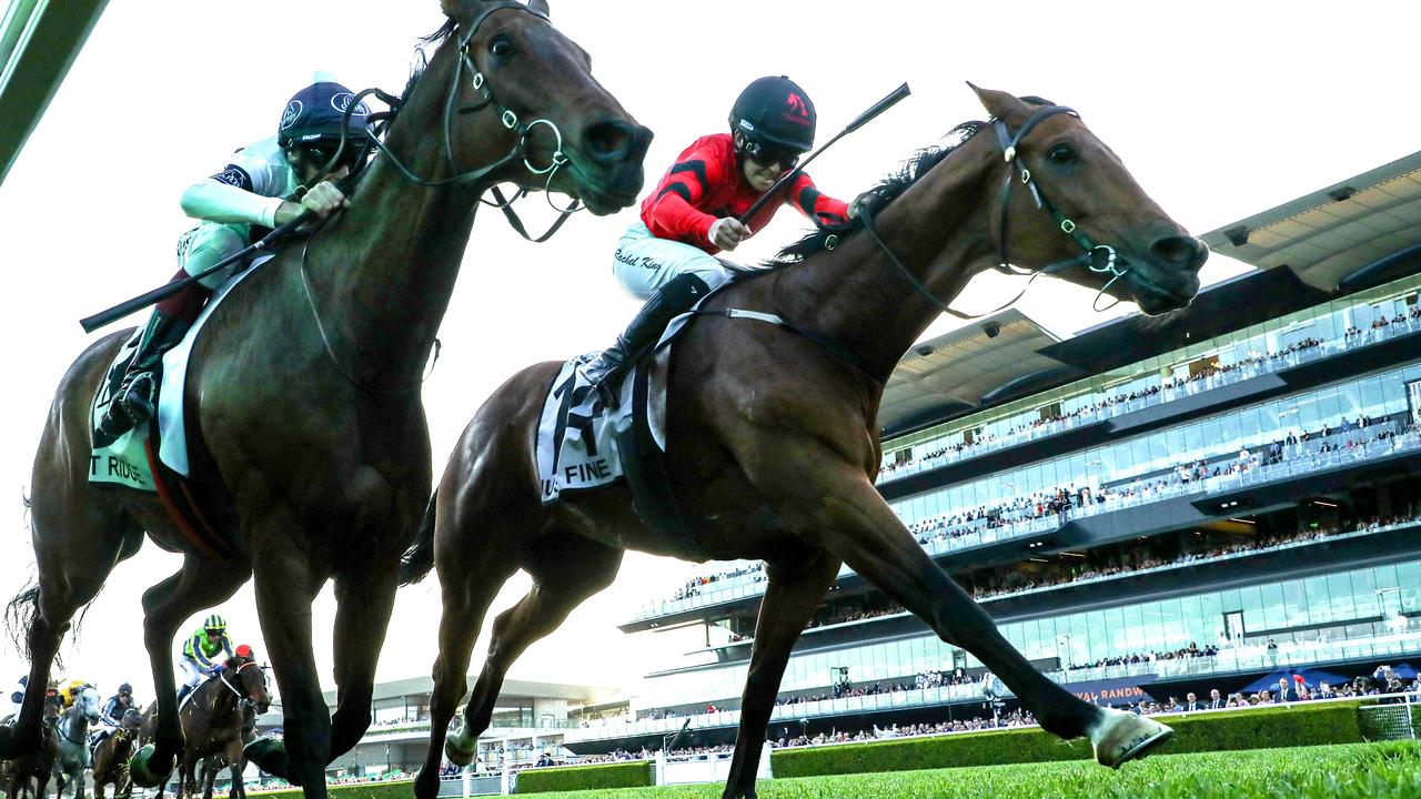 Just Fine (red) fends off Spirit Ridge to win the Group 1 Metropolitan last start at Randwick. Picture: Jeremy Ng/Getty Images