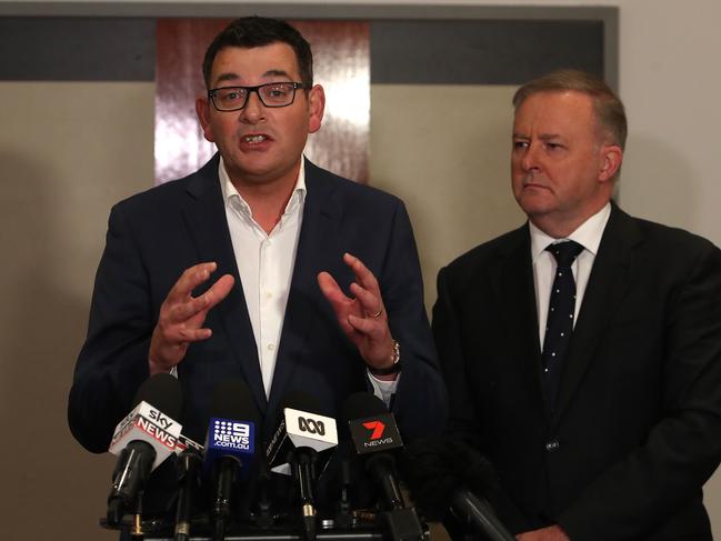 NEWS2019ELECTION 12/5/2019. DAY 32Victorian Premier Daniel Andrews  and Anthony Albanese speaking at a press conference after attending the Opposition Leader Bill Shorten  address for the final week campaign rally at the Clocktower Centre in Melbourne.Picture Kym Smith