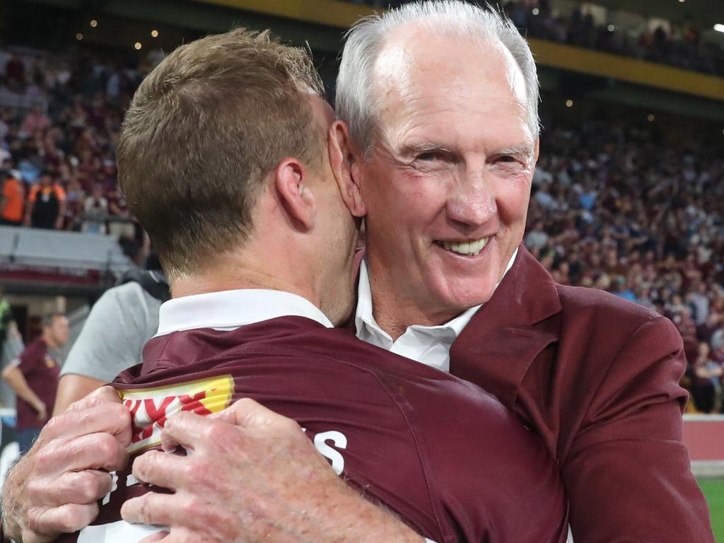 Queensland captain Daly Cherry-Evans hugs Wayne Bennett after winning last year’s Origin series. Picture: Peter Wallis