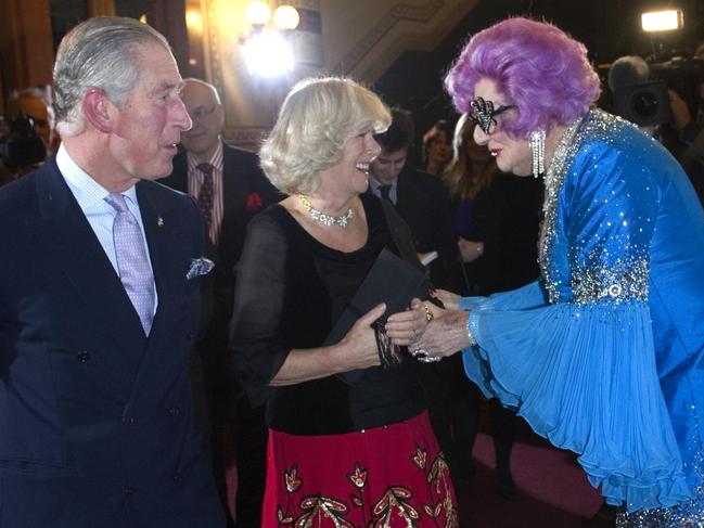 Prince Charles and The Duchess of Cornwall meet Barry Humphries at The Prince's Trust Rock Gala, at the Royal Albert Hall in London in 2010.