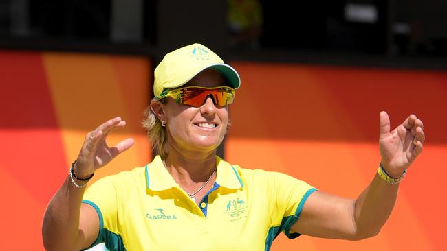 Australian lawn bowler Karen Murphy reacts as she wins her Women's Singles Sectional Play - Section A, Round 1, Match 1 against Kioa Malia of Tonga on day 1 during the XXI Commonwealth Games on the Gold Coast, Australia, Thursday, April 5, 2018. (AAP Image/Tracey Nearmy) NO ARCHIVING, EDITORIAL USE ONLY