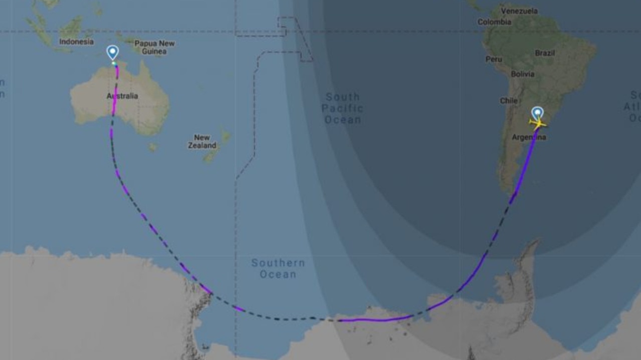 Qantas has made history with the longest continuous commercial flight from Buenos Aires to Darwin. Picture: FlightRadar24