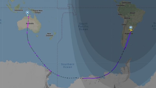 Qantas has made history with the longest continuous commercial flight from Buenos Aires to Darwin. Picture: FlightRadar24