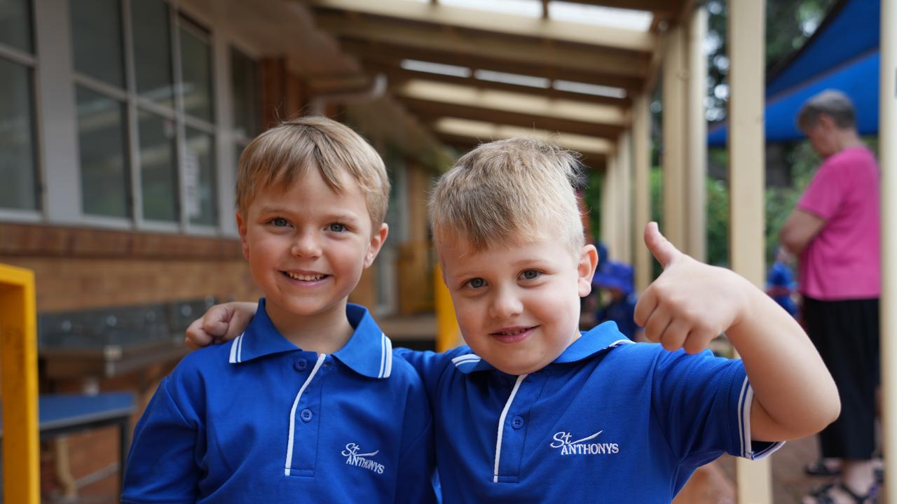 2023 prep students' first day at St Anthony's Primary School, Toowoomba. Best friends Harrison Hardacre and Felix Obst.