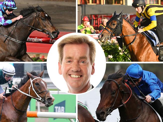 Racenet's Ray Thomas (inset) breaks down a fascinating 2024 Cox Plate featuring superstars (clockwise, from top left) Pride Of Jenni, Prognosis, Broadsiding and Via Sistina.