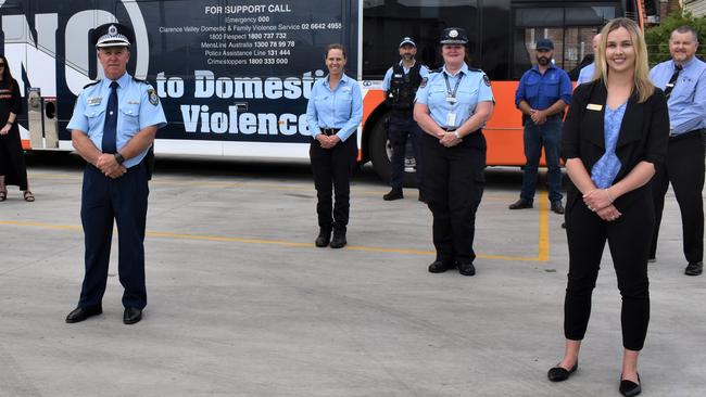 Coffs-Clarence Police Superintendent Steve Clarke, NSW Police Force regional domestic violence co-ordinator Kiah Bowen and community representatives came together to help spread the message to say 'No' to domestic violence as part of a campaign last year. Photo: Bill North