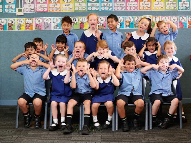 My First Year project..Kindy class pictured 14th February 2023 for St PatrickÃs Primary School East Gosford Back row l-r Jasper, Elka, Alexander, Maddison, Jake2nd Row - Joveno, Aneacha, Maria, Oliver, Emily, Jesse, Jiana, HarperFront - Dante, Caitlin, Riley, Isabelle, Ashton, Henry. pic Sue Graham