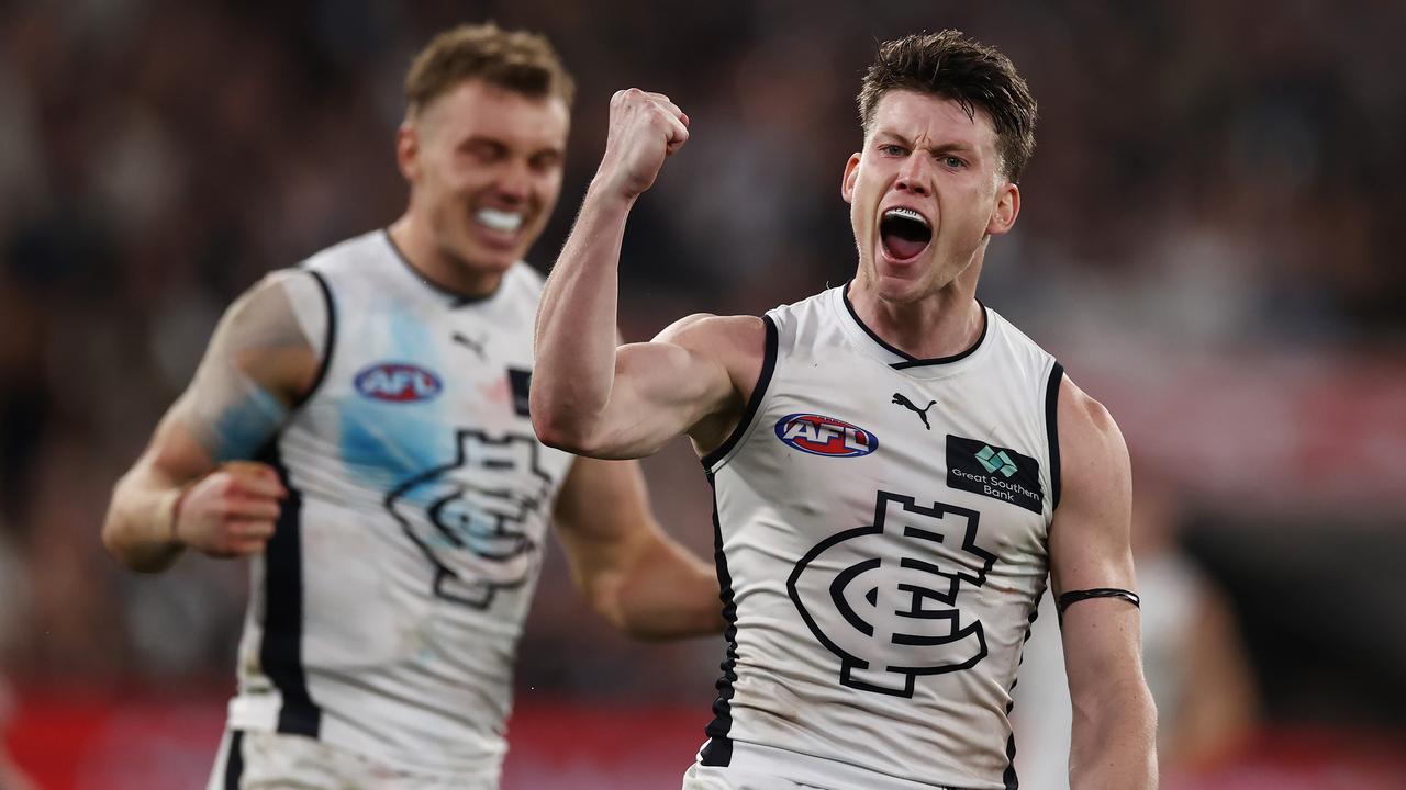 MELBOURNE, AUSTRALIA - August 18, 2023. AFL . Sam Walsh of the Blues celebrates a 4th quarter goal during the semi final match between Melbourne and Carlton at the MCG in Melbourne, Australia. Photo by Michael Klein.