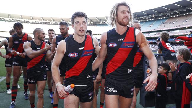Dyson Heppell (right) and Zach Merrett will be Essendon’s captain and vice-captain respectively for season 2022. Picture: AAP Image