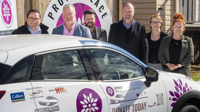 At the launch of Protea Place’s latest fundraising pledge are (from left) David Russell from Wippells, Dan Dwan from Colliers International, Nicholas Purdie from Triple M, Greg Luck from HELP Employment, Amanda Tolson from Protea Place and Amanda Dalton, Protea Place CEO. Picture: Nev Madsen.