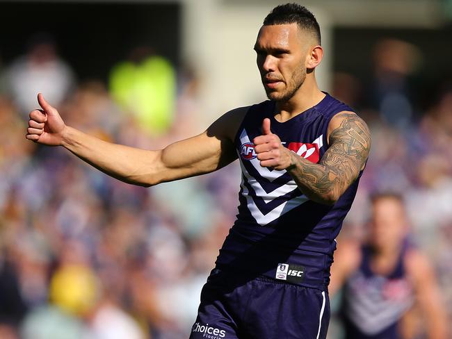 PERTH, AUSTRALIA - AUGUST 20: Harley Bennell of the Dockers celebrates a goal during the round 22 AFL match between the Fremantle Dockers and the Richmond Tigers at Domain Stadium on August 20, 2017 in Perth, Australia.  (Photo by Paul Kane/Getty Images)