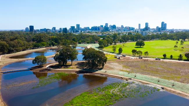 The newly completed wetlands in Victoria Park/Pakapakanthi. Picture: NCA NewsWire / Morgan Sette