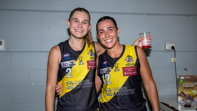 Sophie Hatzismalis and Christy Landwehr as the Nightcliff Tigers took on the Palmerston Magpies in the 2024-25 NTFL women's semi-final. Picture: Pema Tamang Pakhrin