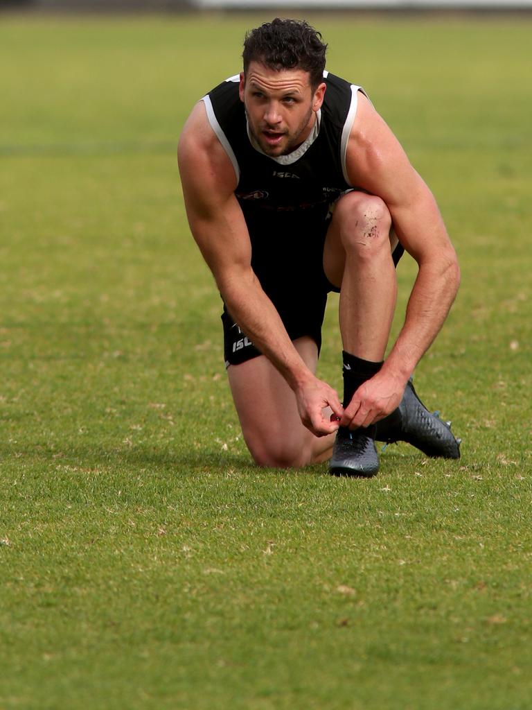 He might be playing his 300th game, but “Boaky” still loves footy as much as ever. Picture: AAP