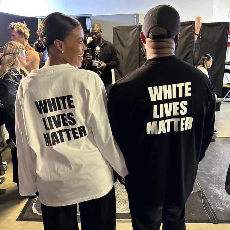 Kanye West and right-wing commentator Candace Owens, wearing ‘White Lives Matter’ shirts at his Yeezy SZN9 presentation in Paris. Picture: Instagram