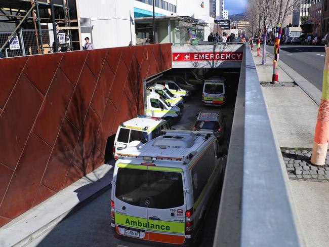 OVERLOAD: Ambulances ramped at Royal Hobart Hospital. Picture: LUKE BOWDEN