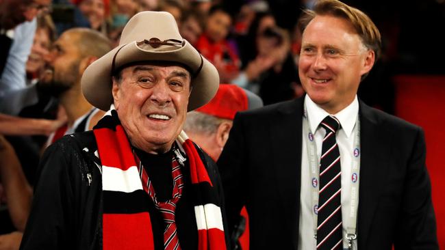 He was all smiles standing next to St Kilda CEO Matt Finnis. (Photo by Dylan Burns/AFL Photos via Getty Images)