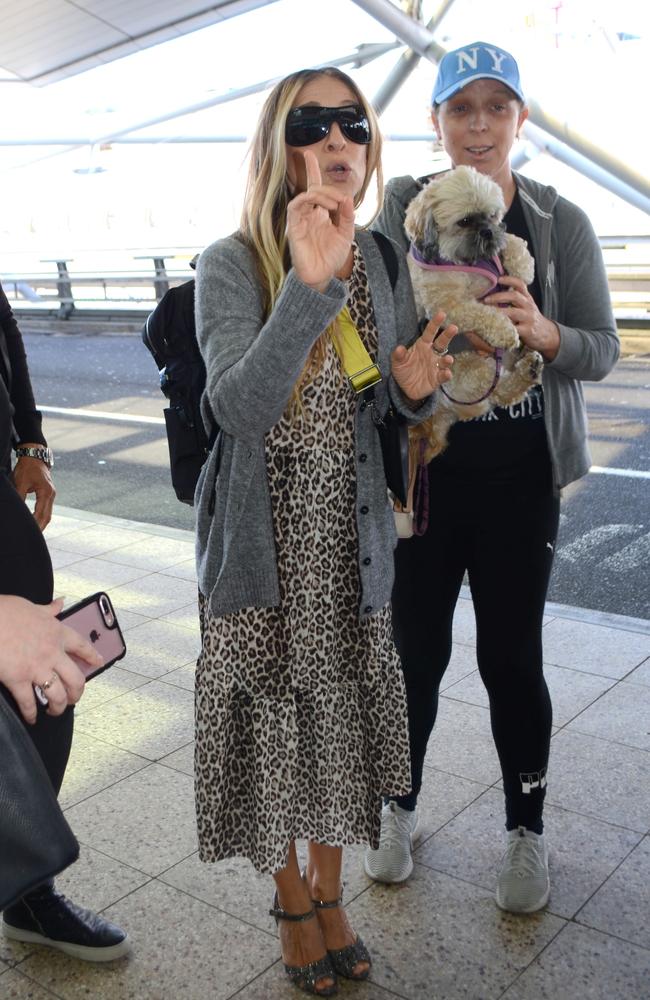 Not sure who looks less comfortable, SJP or the dog. Picture: Mega